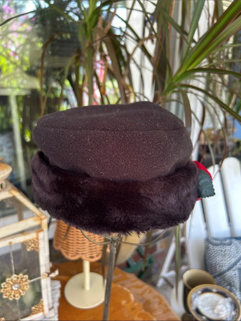Vintage Black Hat with Red Rose Accent